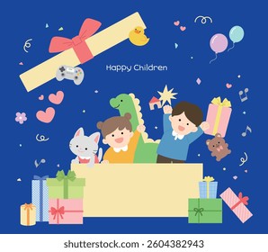 Blue background, children coming out of gift boxes