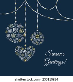 Blue background with christmas ball made of snowflakes. Greetings card. Vector Illustration