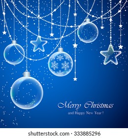 Blue background with Christmas balls and transparent stars, illustration.