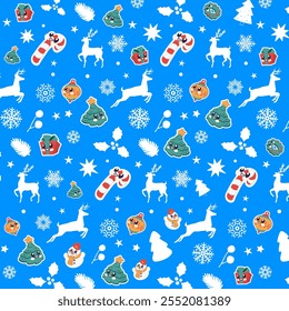 Blue Background Christmas patterns, gift wrapping illustrations, reindeer, Christmas balls, Christmas trees, snow.