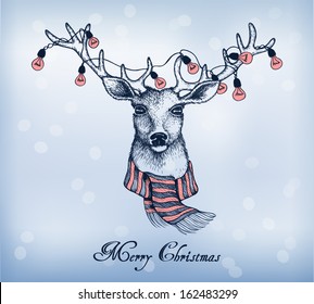 Blue background with christmas santa reindeer. Hand-drawn card. Vector illustration in a sketch style.