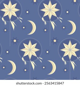 Blue background with Christmas star, moon and stars. Vector