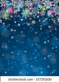 blue background with christmas stars and snowflakes, vector illustration