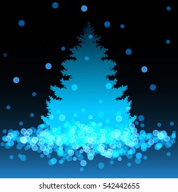 Blue background with a Christmas tree and bokeh. Christmas background, vector