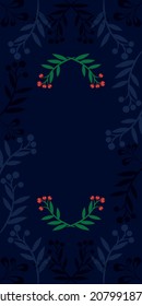 A blue background of Christmas tree branches, leaves and berries.
