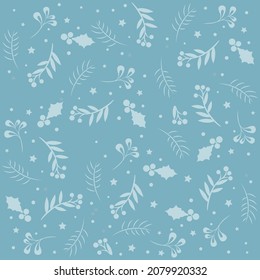 A blue background of Christmas tree branches, leaves and berries.
