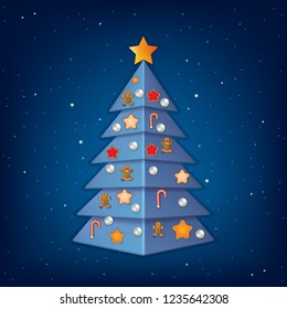 blue background with Christmas tree and decorations