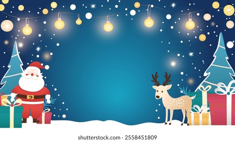 blue background with a Christmas tree, Santa, reindeer, presents