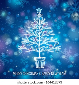 blue background with christmas tree, vector illustration