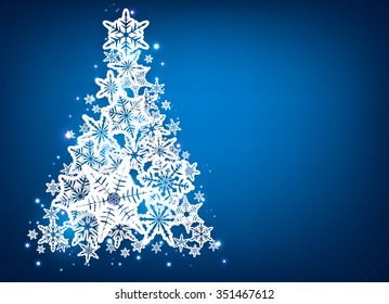 Blue background with christmas tree. Vector paper illustration.