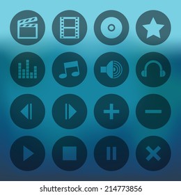 Blue background with circle media player icons set
