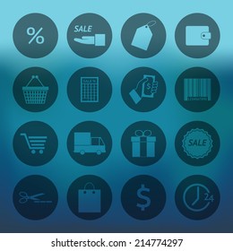 Blue background with circle Shopping icons set