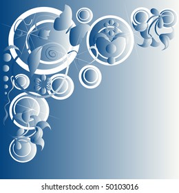 blue background with circles and floral
