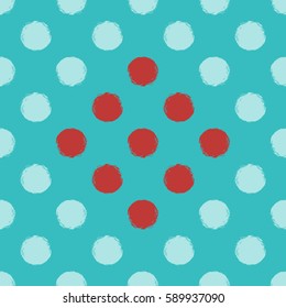 Blue background with circular brush strokes. Seamless polka dot pattern. Red spots allocated in the form of a rhombus. Grunge. Vector illustration.