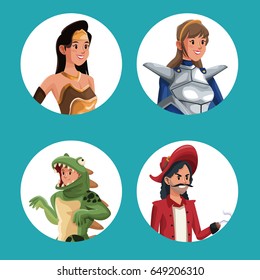 blue background with circular frame with male and female half body in halloween costume