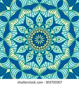 Blue background with circular patterns of different colors for design of gift cards, wedding invitations, and web. Mandala vector illustration.