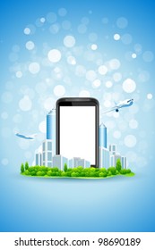 Blue Background with City Landscape airplane and Empty Phone Screen