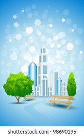 Blue Background with City Landscape Tree Road and Bench