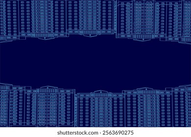 Blue background with a city skyline in the foreground. The buildings are tall and the sky is blue