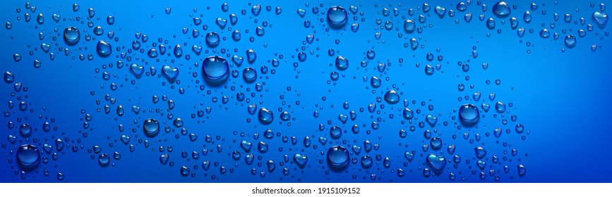 Blue background with clear water droplets. Vector realistic illustration of wet blue surface with condensation of steam in shower or fog, transparent aqua drops from dew or rain on window glass