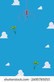Blue background with clouds of different sizes and an illustration of a toy soldier parachuting, Toy Story