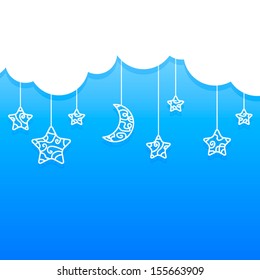 Blue Background with Clouds and Hanging Moon, Stars