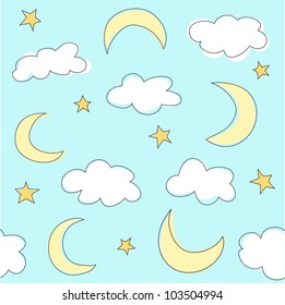 blue background with clouds, the new moon and the stars
