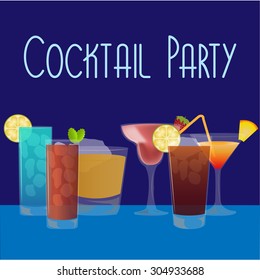 Blue background with a lot of cocktails. Vector illustration