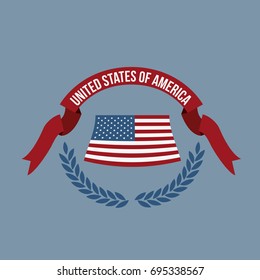 blue background of colorful flag united states of america with half crown of olive leaves and label tape vector illustration