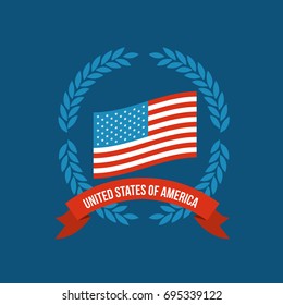 blue background of colorful flag united states of america with crown of olive branches and label tape vector illustration