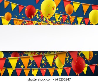 Blue background with colorful flags, balloons and confetti. Vector paper illustration.