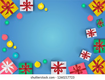 Blue background with colorful gift boxes and small colored balls.