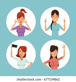 blue background with colorful round frames with female friends posing