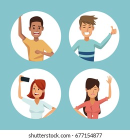 blue background with colorful round frames with men and women friends posing