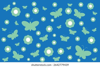 blue background composed of green flowers with white details and green butterflies