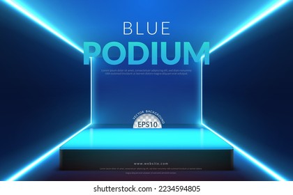 Blue background concept, blue podium with neon light on blue room, Vector illustration