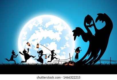 blue background concept,silhouette many people with men and women wearing as ghost for festival halloween,full moon on dark night with happy children for celebration halloween day at castle