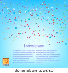 Blue background with confetti. Sample for your festive design. Vector illustration