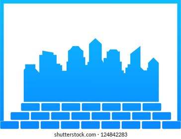 fondo azul - símbolo de construcción con ciudad y ladrillos