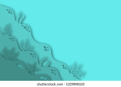 Blue background with corals on sea bottom in paper cut style.