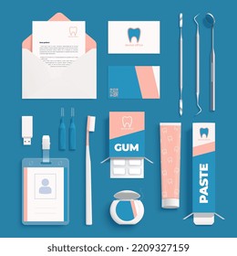 Blue background with corporate identity logo on realistic dentist equipment stationery and accessories vector illustration
