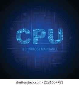 Blue background with cpu and circuit board lines. Microchip connection electrical wallpapper