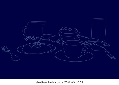 A blue background with a cup, a fork, and a spoon. The cup is on a saucer and the spoon is next to it