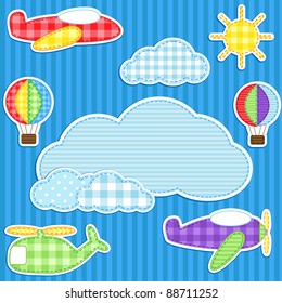 Blue background with cute plane, helicopter, aeroplane, balloon, clouds and sun and place for text