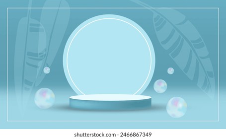 Blue background with Cylinder podium for object or label. Abstract scene with tropical banana palm leaves and soap bubbles. Gradient blurred background with copy space. Product presentation podium