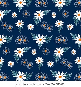 Blue background with daisies.Vector seamless pattern with white daisies on a blue background.