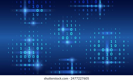 Blue background with data flow. Binary code, artificial intelligence. Program code. Computer background of numbers. Analytics, sorting, structuring, information transfer.