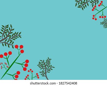 blue background decorated with leaves and red flowers