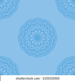 The blue background is decorated with mandala designs