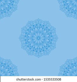 The blue background is decorated with mandala designs